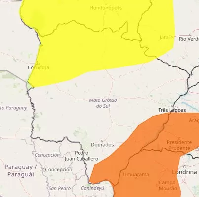 Mato Grosso do Sul apresenta alerta amarelo de chuva e laranja de onda de calor. (Arte: Reprodução/Inmet)