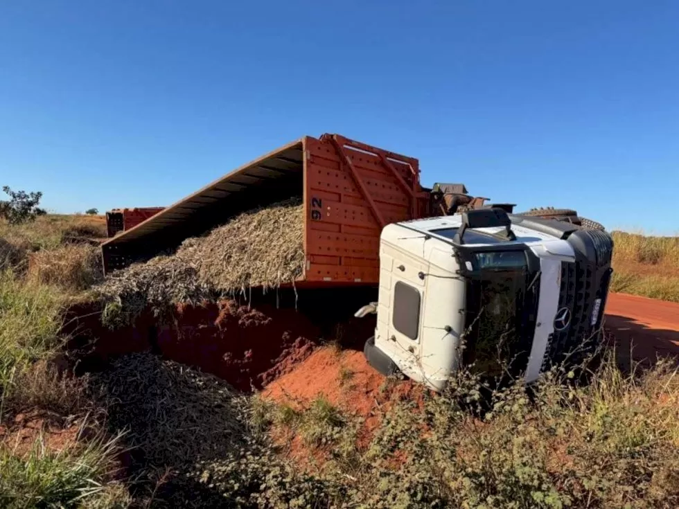 Carreta carregada com cana-de-açúcar, afundou na lateral da via e tombou / Reprodução/Jornal da Nova