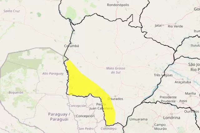 No mapa, de amarelo, o alerta é para a região sul do Estado (Foto: reprodução / Inmet)