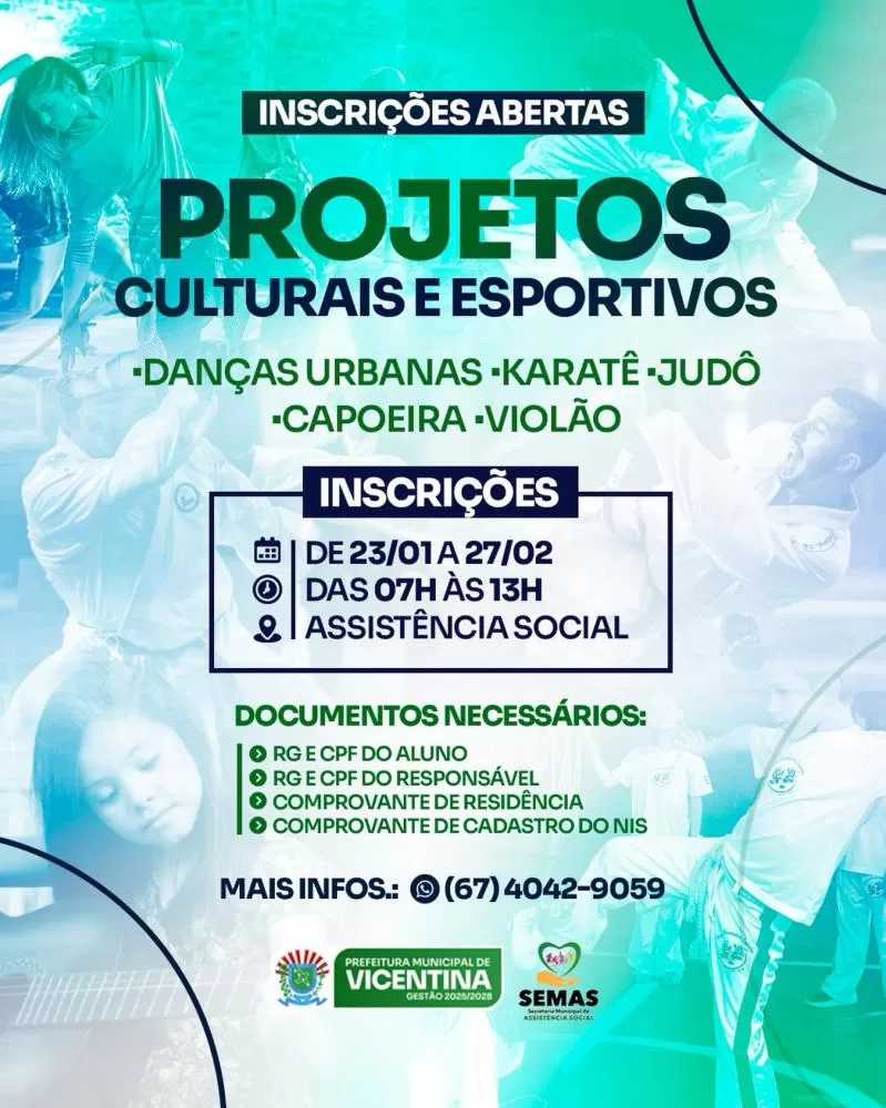 Projetos sociais: Inscrições abertas para cultura e esportes da inclusão e da cidadania em Vicentina