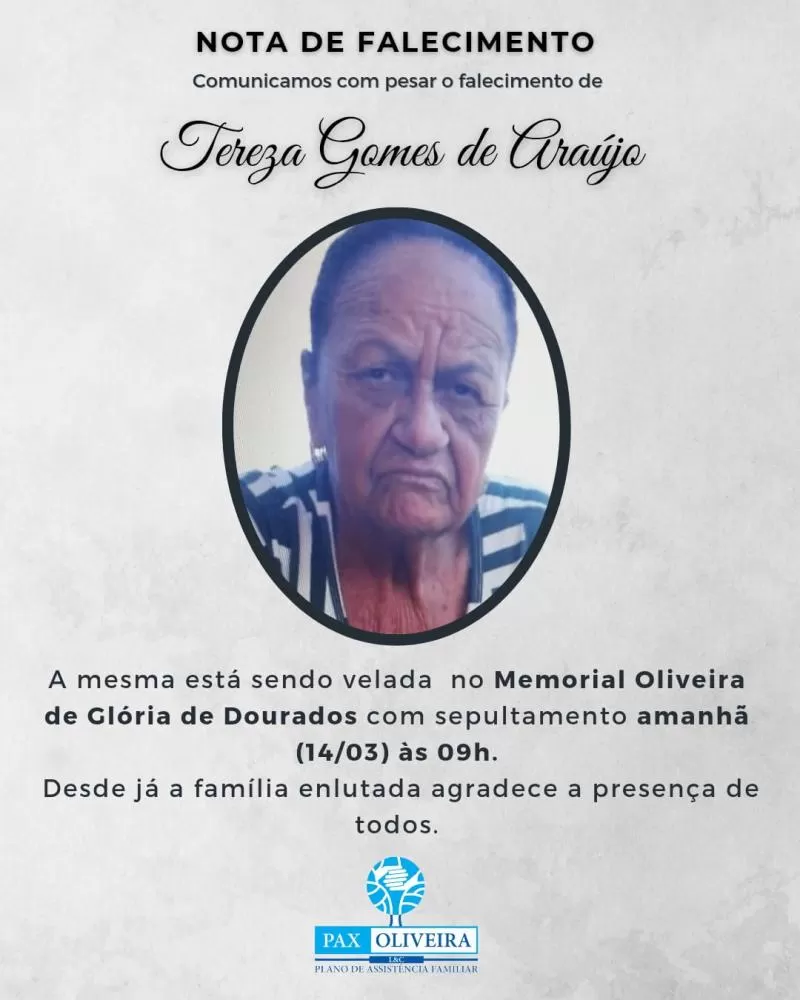 Glória de Dourados comunica o falecimento de Tereza Gomes de Araújo