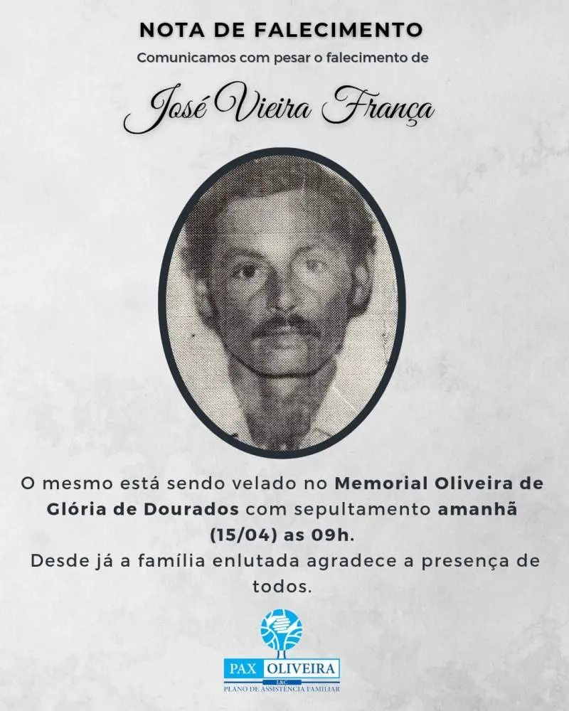 Glória de Dourados comunica falecimento de José Vieira França