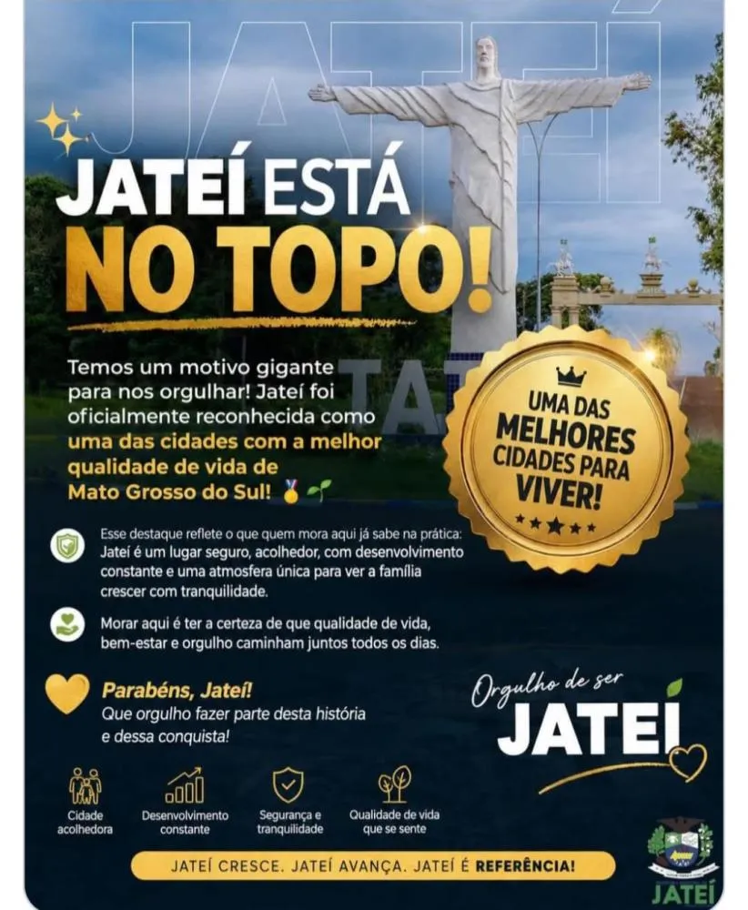 Jateí é reconhecida entre as cidades com melhor qualidade de vida de Mato Grosso do Sul