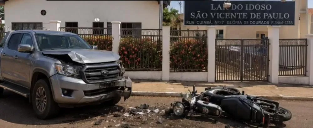 Colisão entre caminhonete e moto elétrica chama atenção em frente ao Lar do Idoso em Glória de Dourados