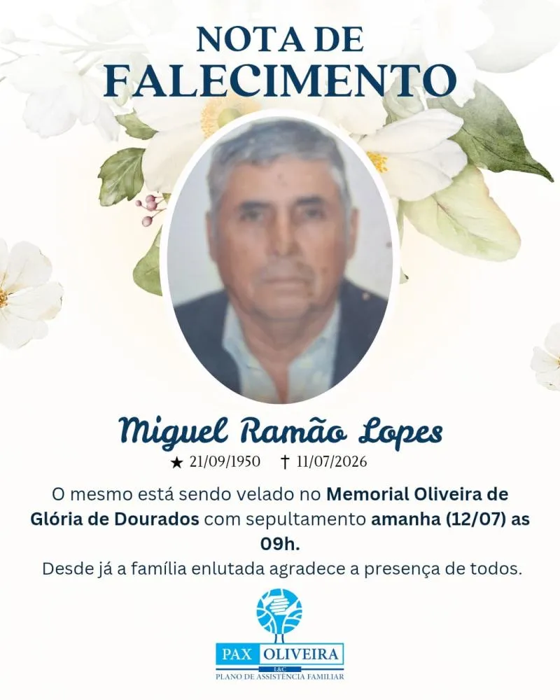 NOTA DE FALECIMENTO: Morre Miguel Ramão Lopes aos 75 anos em Glória de Dourados