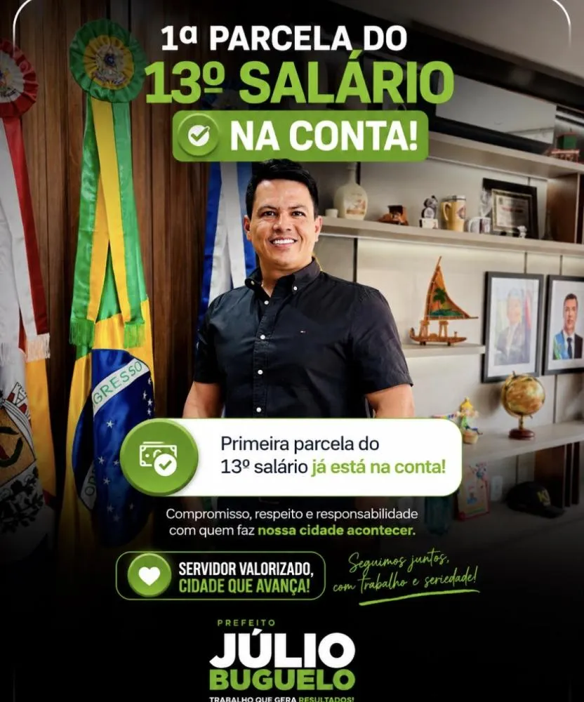Prefeito Júlio Buguelo anuncia pagamento da 1ª parcela do 13º salário aos servidores de Glória de Dourados