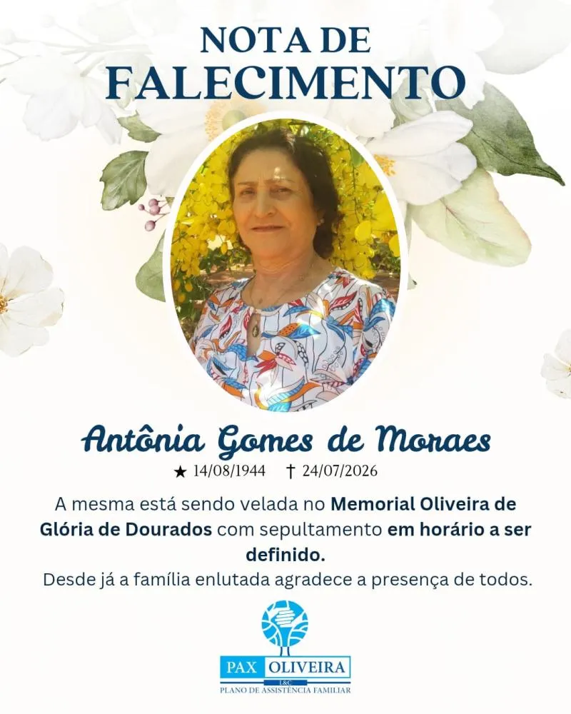 Glória de Dourados: família comunica o falecimento de Antônia Gomes de Moraes aos 81 anos