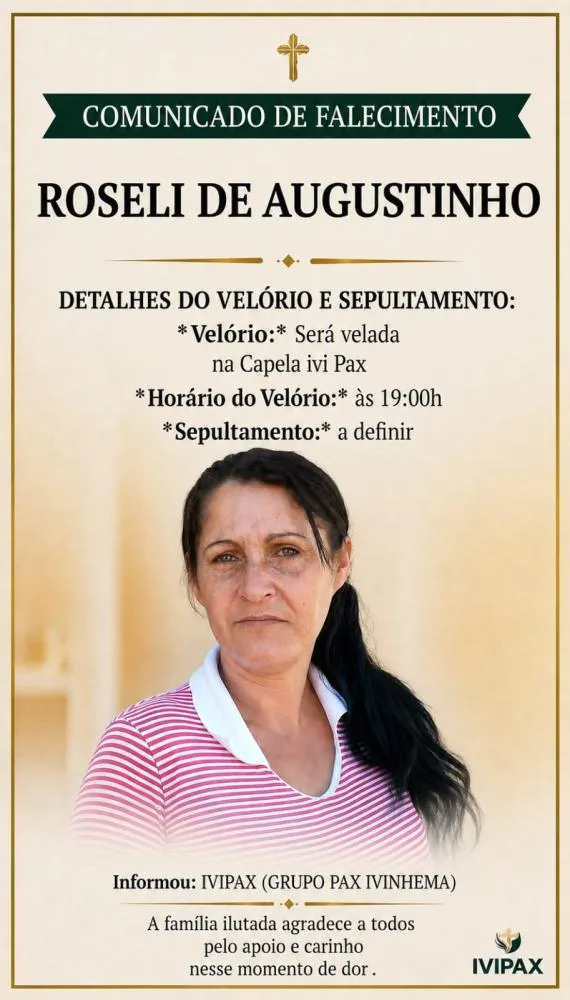 Nota de Falecimento: Morre Roseli de Augustinho, moradora de Glória de Dourados
