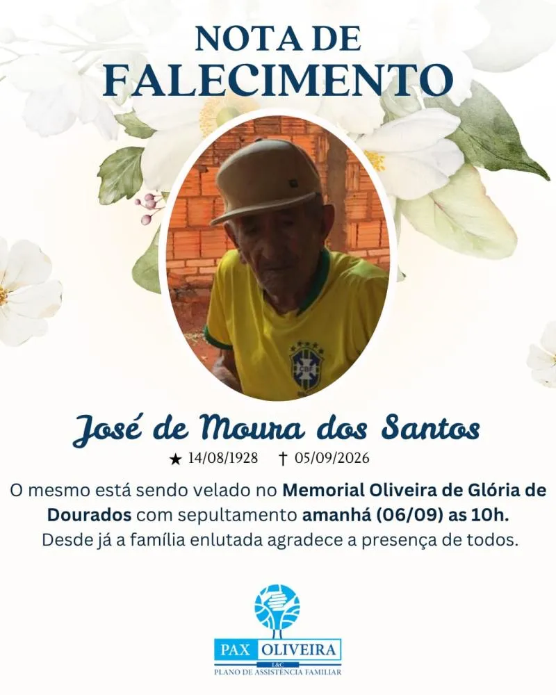 NOTA DE FALECIMENTO: José de Moura dos Santos morre aos 98 anos em Glória de Dourados