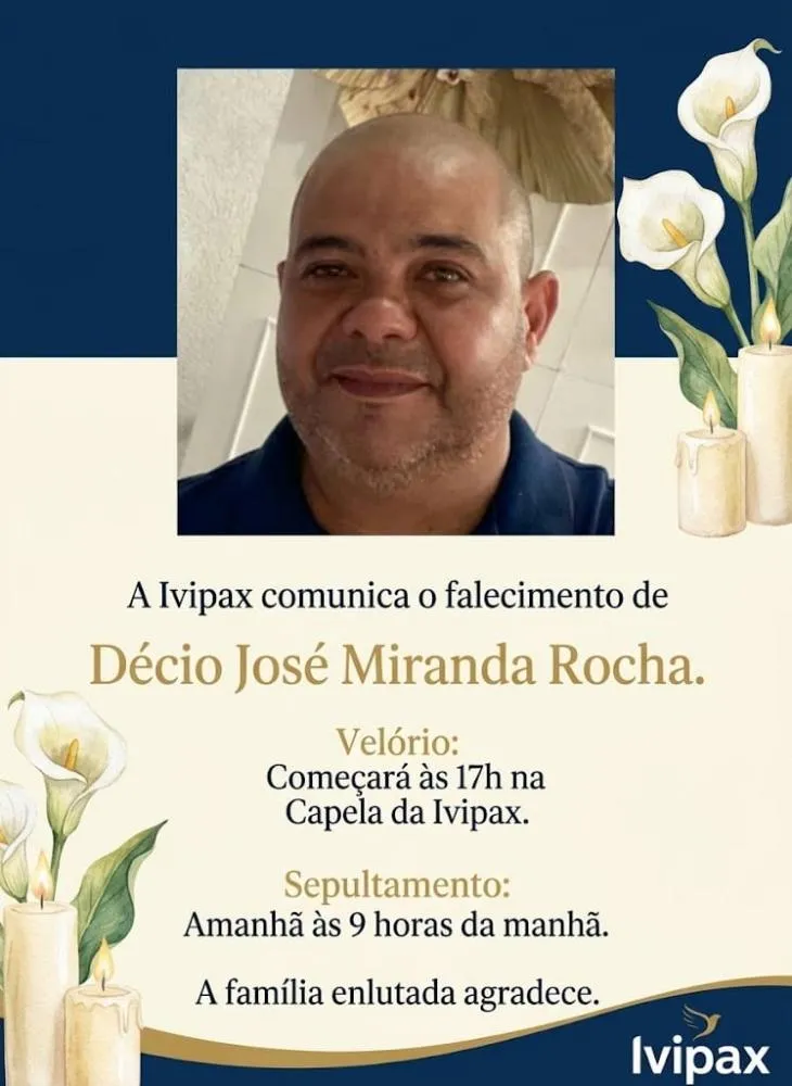 Ivipax comunica o falecimento de Décio José Miranda Rocha; despedidas começam nesta quarta-feira